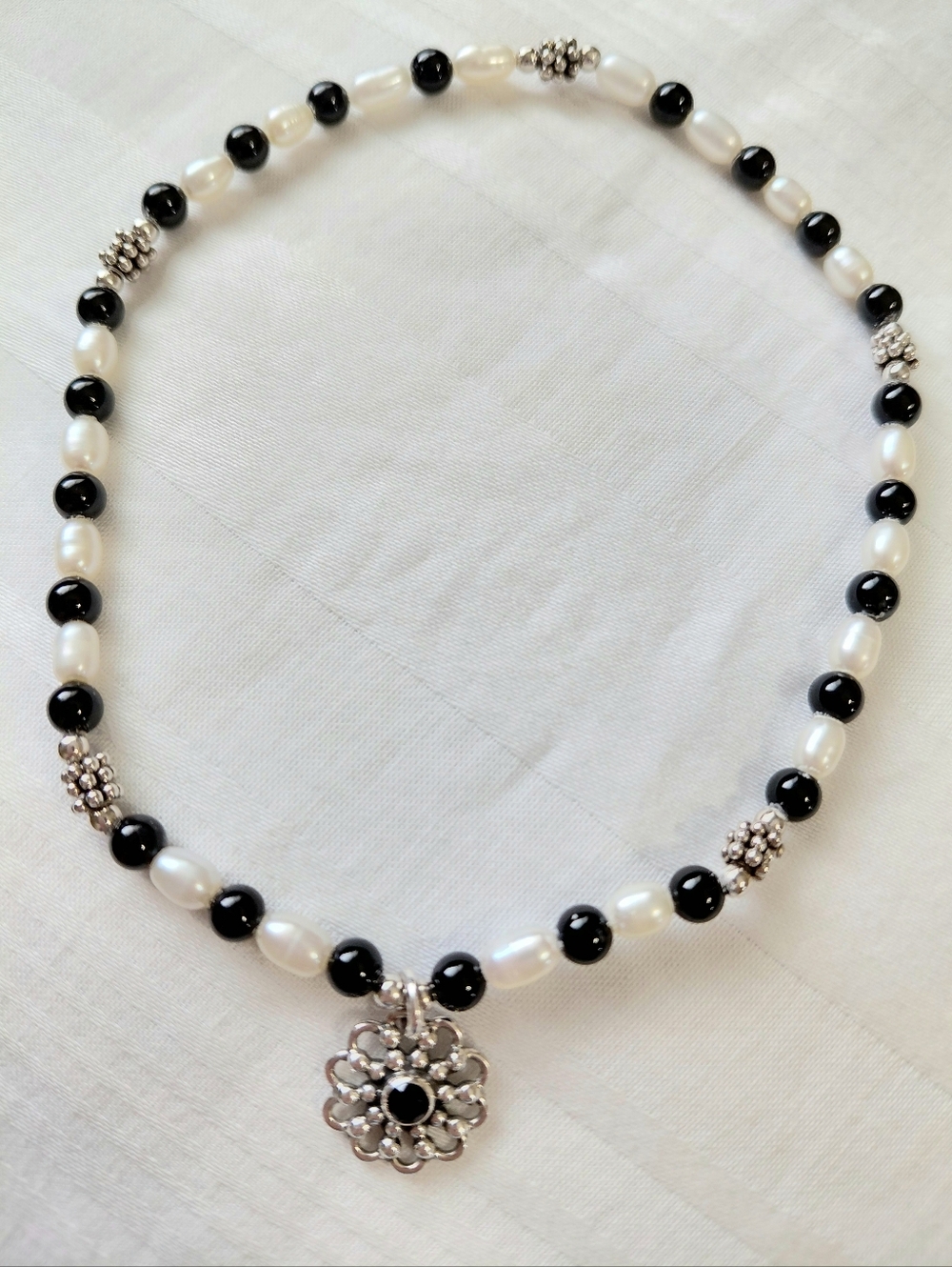 Sterling Silver Pearl Onyx Flower Ankle Bracelet